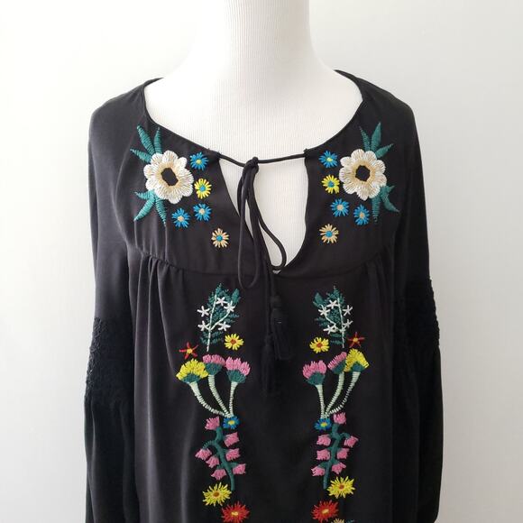 Neiman Marcus Embroidered Peasant Dress Midi Black Oversize Shift Women Small - Picture 5 of 15